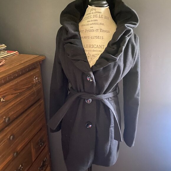 Black Wool Blend Coat with Waist Tie - Picture 2 of 6